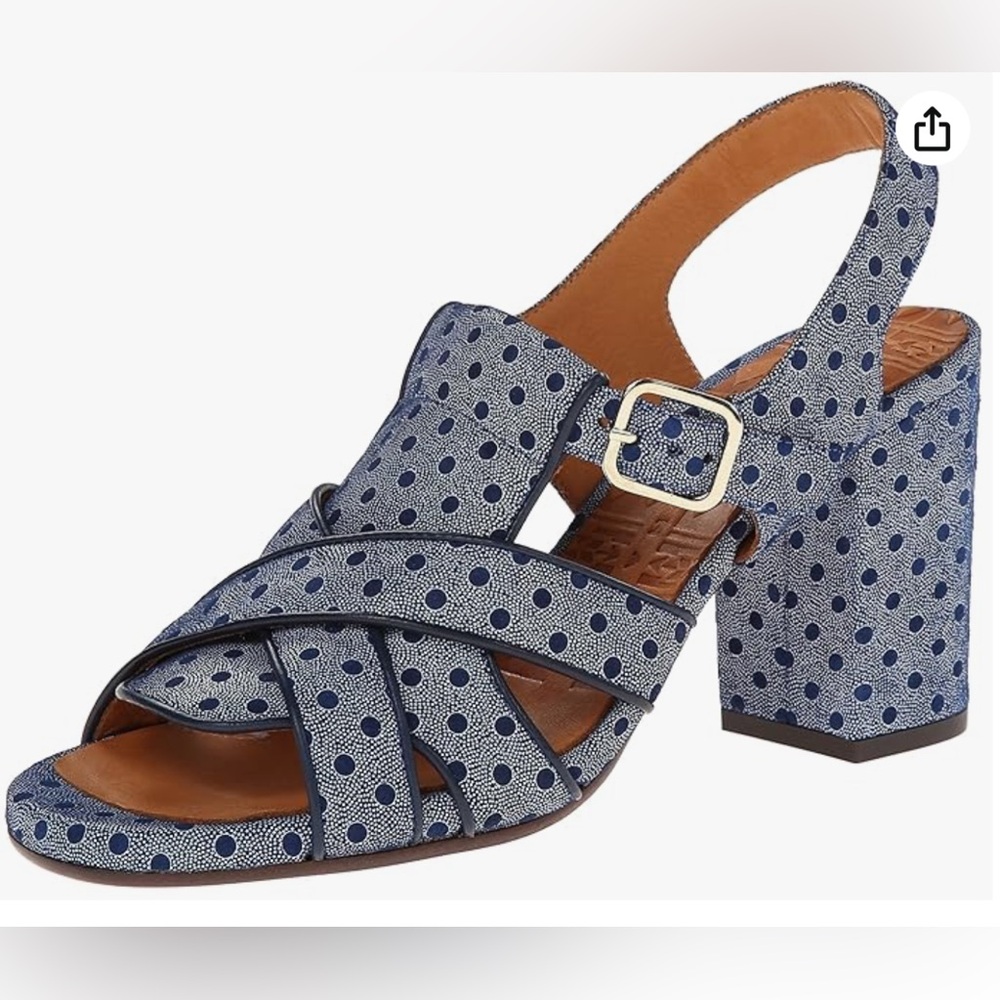 Chie Mihara Blue Polka Dot Block Heel Sandals